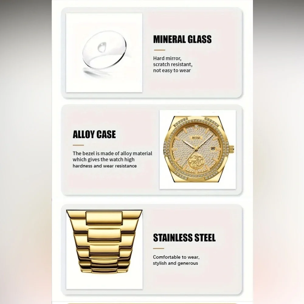 RUIQI Unisex Elegant Mechanical Watch - Full Golden Dial, Luminous Hands, NEW